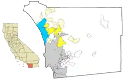 North County cities (blue and yellow) and census-designated places (pale blue and cream). Certain neighborhoods in northern San Diego may also be considered part of North County.