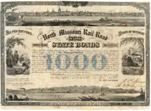 Bond of the State of Missouri for the construction of a line of the North Missouri Railroad Company from St. Charles to Macon, issued at Jefferson, Mo. on June 3, 1858, signed in his own hand by Robert Marcellus Stewart as Governor of Missouri.