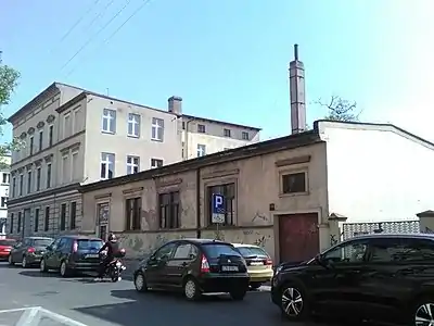 Frontages on the street, with the former gymnasium on the far right