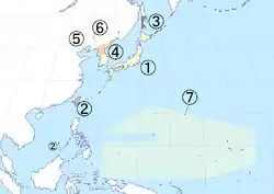 De jure map of Japan under Allied occupation:

# Japanese archipelago, placed under the authority of the Supreme Commander for the Allied Powers (de facto United States), effective 1945–1952 (Note: Part of Japanese territories were put under US' administration after 1952 in accordance with Article 3 of San Francisco Peace Treaty: Iwo Jima (till 1968) and Okinawa (till 1972), such arrangement was treaty based, not part of the Allied occupation.)
# Japanese Taiwan and the Spratly Islands, placed under the authority of China
# Karafuto Prefecture and the Kuril Islands, placed under the authority of the Soviet Union
# Japanese Korea south of the 38th parallel north, placed under the authority of the United States Army Military Government in Korea, granted independence in 1948 as the Republic of Korea (South Korea)
# Kwantung Leased Territory, occupied by the Soviet Union 1945–1955, returned to China in 1955 
# Japanese Korea north of the 38th parallel north, placed under the authority of the Soviet Civil Administration, granted independence in 1948 as the Democratic People's Republic of Korea (North Korea)
# South Pacific Mandate, occupied by the United States 1945–1947, converted into the Trust Territory of the Pacific Islands in 1947