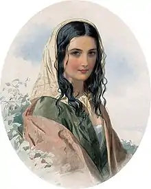 Portrait of a gypsy woman, watercolour on paper, 31 x 25&nbsp;cm, oval format