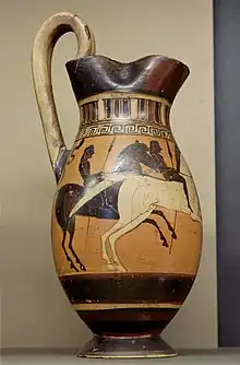 Olpe, Corinthian, c. 575–c. 550 BC, height: 25.2 cm (9.9 in). Diameter: 13.1 cm (5.2 in)