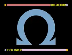 The Greek letter omega bordered on top and bottom by colored bars which contain the captions: "LCARS ACCESS 0001" and "STATUS: STAND-BY"