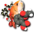 A computer graphics image. On the left is a ball and stick molecule model. In the middle is an orange fish, tail down, face up. On the right is a space-filling molecule model.