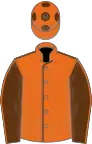 Orange, brown seams, brown sleeves, orange seams, orange cap, brown spots