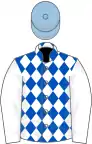 Royal blue, white diamonds and sleeves, light blue cap