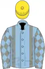 Light blue, grey braces, grey diamonds on sleeves, light blue cap, grey diamonds
