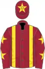 Maroon, yellow braces, maroon sleeves, yellow stars, maroon cap, yellow star