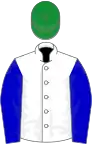 White, blue sleeves, green cap