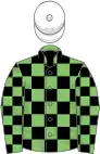 Light green and black check, white cap