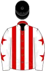 Red and white stripes, white sleeves, red stars, black cap