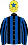 Black and royal blue stripes, yellow cap, royal blue star