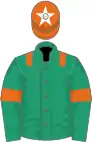 Emerald green, orange epaulets and armlets, orange cap, white star