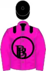 Pink, black circle, black shoulders, pink sleeves, black cap