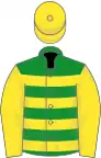 Green, yellow hoops, yellow sleeves and cap