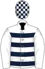 White, dark blue hoops, white sleeves, check cap