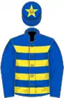 Royal blue and yellow hoops, royal blue sleeves, royal blue cap, yellow star