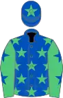 Royal blue, emerald green stars, emerald green sleeves, royal blue stars, royal blue cap, emerald green star