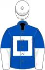 Royal blue, white hollow box, halved sleeves, white cap