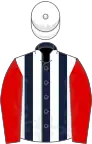 Dark Blue and White stripes, Red sleeves, White cap