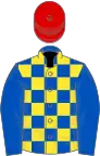 Royal blue and yellow check, royal blue sleeves, red cap