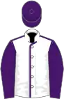 White, purple seams, sleeves and cap