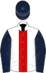 White, red stripe, dark blue sleeves and cap