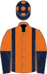 Orange, dark blue braces, halved sleeves, dark blue cap, orange spots
