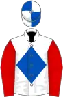 White, royal blue diamond, red sleeves, royal blue and white quartered cap