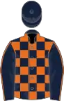 Dark blue and orange check, orange seams on sleeves, dark blue cap