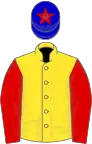 Yellow, red sleeves, blue cap, red star