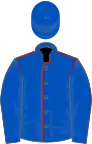 Royal blue, red seams, royal blue sleeves and cap