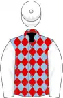 Light blue and red diamonds, white sleeves and cap