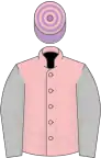 Pink, silver sleeves, mauve and pink hooped cap