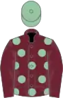 Claret, eton blue spots on body, blue cap