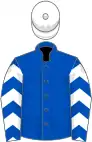 Royal blue, white chevrons on sleeves, white cap