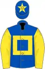 Royal blue, yellow hollow box and sleeves, star on cap