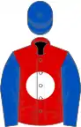 Red, white disc, royal blue sleeves and cap