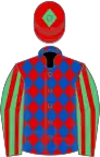 Red and Royal Blue diamonds, Emerald Green and Red striped sleeves, Red cap, Emerald Green diamond