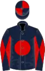 Dark blue, red disc, diabolo on sleeves, quartered cap