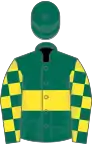 Dark green, yellow hoop, check sleeves, dark green cap