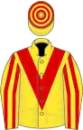 Yellow, red chevron, striped sleeves, hooped cap