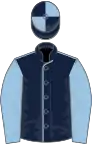 Dark blue, light blue seams and sleeves, quartered cap