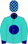 Turquoise, navy blue disc, collar and cuffs, check cap