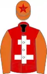 Red, white cross of lorraine, orange sleeves, orange cap, red star