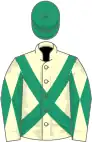 Cream, emerald green cross sashes, diabolo on sleeves, emerald green cap