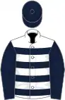 White and dark blue hoops, dark blue sleeves and cap