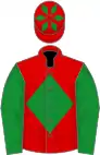 Red, green diamond, green sleeves and diamonds on cap