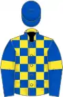 Yellow, blue checked, blue sleeves, yellow armlets, blue cap