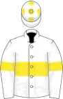 White, yellow hoop and armlet, white cap, yellow spots